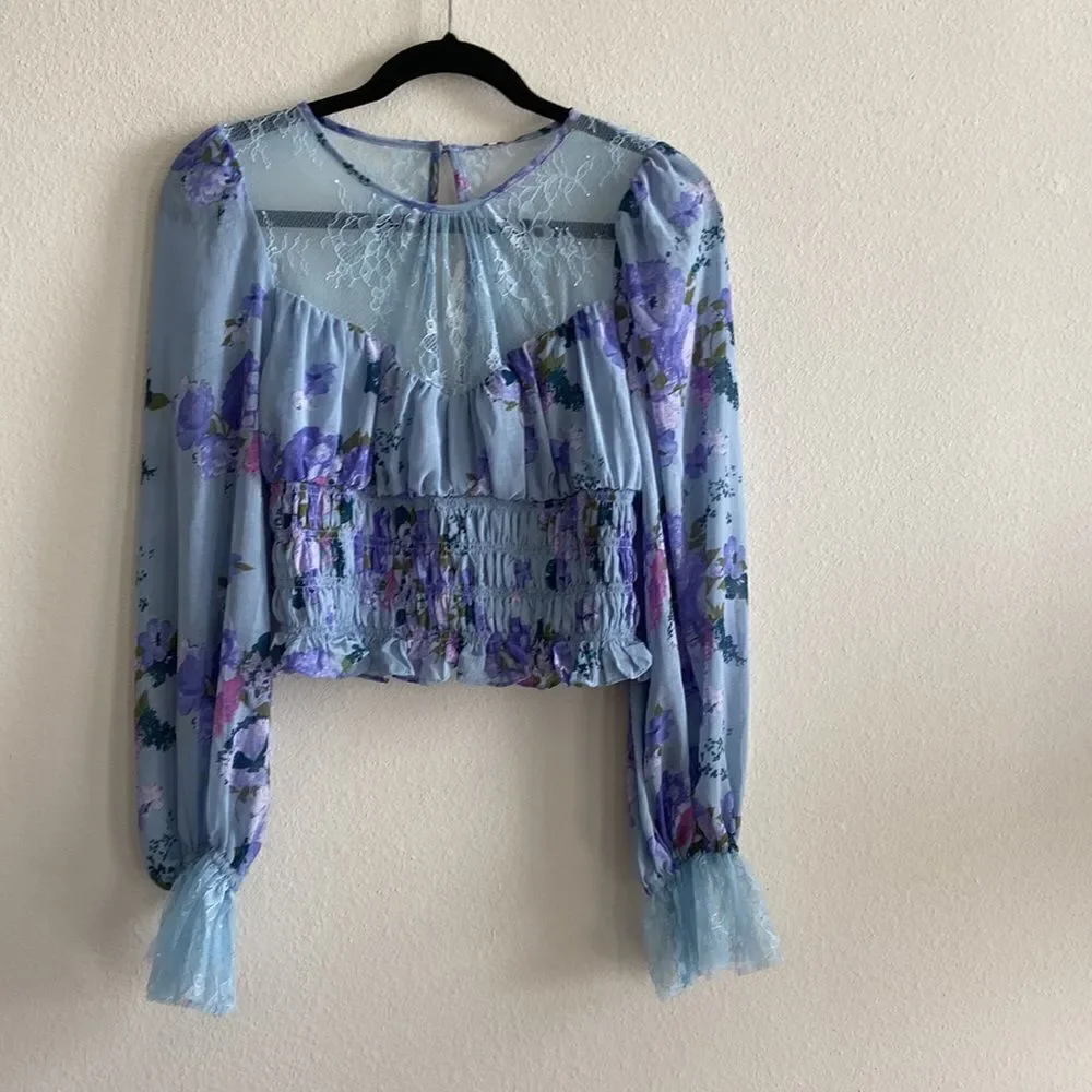 Free People Daphne Blouse in Silver Blue Combo NWT Sz S